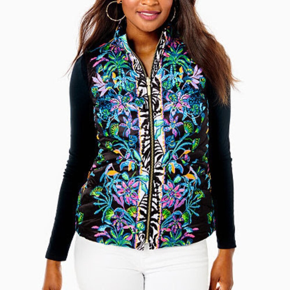 Lilly Pulitzer Deanne Reversible Vest SZ M Onyx Paradise Glow Engineered